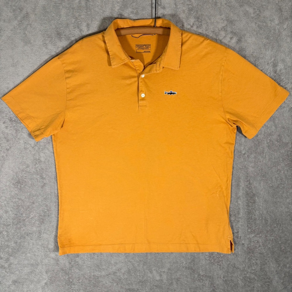 Patagonia Mens Organic Cotton Trout Fitz Roy Polo Shirt Orange Yellow L Gorpcore